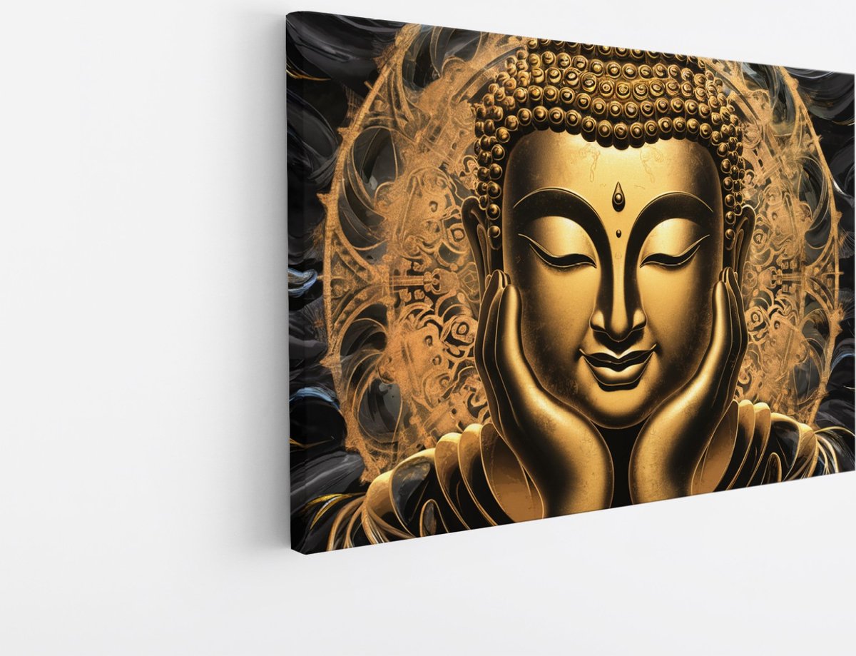 Saammp Canvas Schilderij - Goude Boeddha - kunst - 50x40 - Foto op canvas - Wanddecoratie - Muurdecoratie Woonkamer - Canvas schilderijen Multicolor