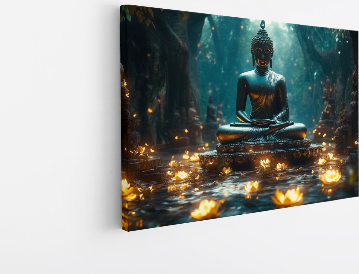 Saammp Canvas Schilderij - Boeddha met kaarsen - 50x40 - Foto op canvas - Wanddecoratie - Muurdecoratie Woonkamer - Canvas schilderijen Multicolor