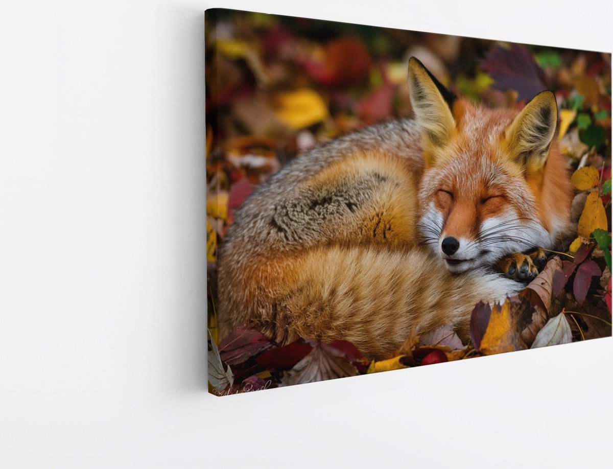 Saammp Canvas Schilderij - Slapende Vos - Natuur - Dieren - 120x80 - Foto op canvas - Wanddecoratie - Muurdecoratie Woonkamer - Slaapkamer decoratie - Canvas Print Multicolor