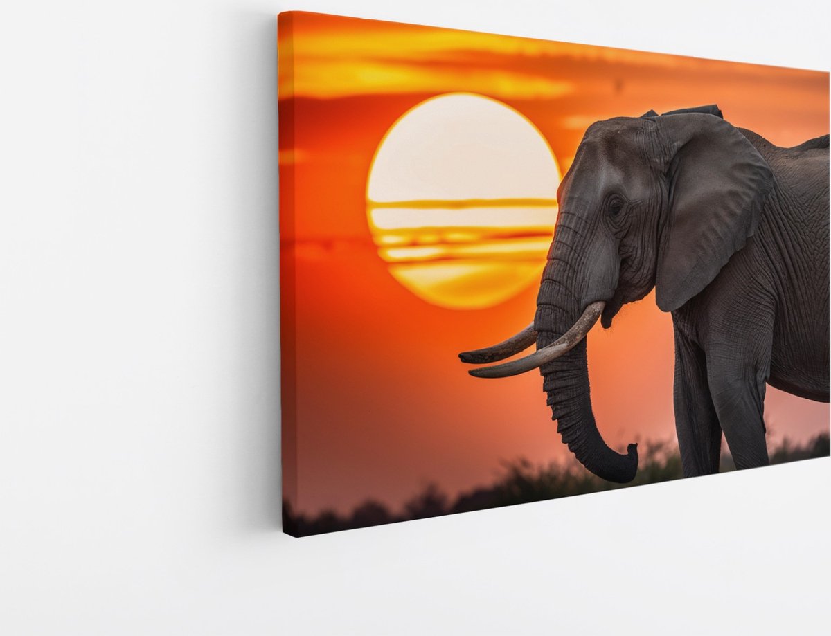 Saammp Canvas Schilderij - Olifanten met afrikaanse zonsondergang - Dieren - 100x75 - Foto op canvas - Wanddecoratie - muurdecoratie Woonkamer - Slaapkamer decoratie - Canvas Print Multicolor