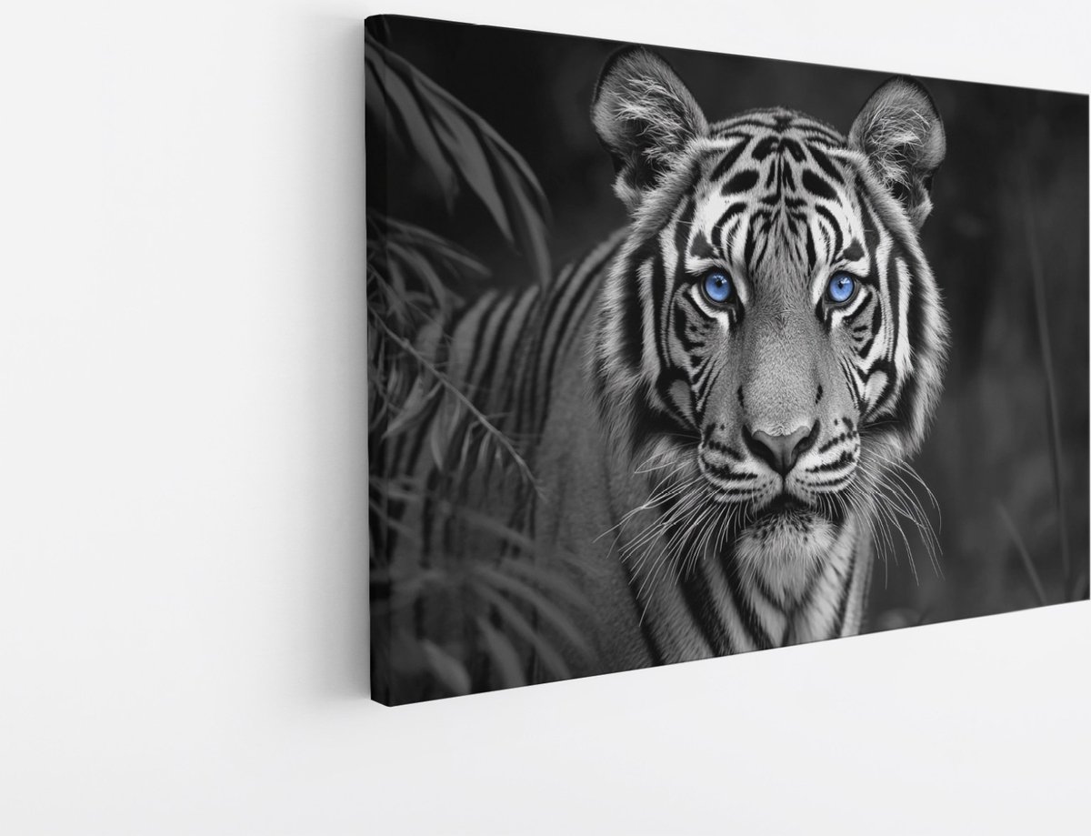 Saammp Canvas Schilderij - Jonge tijger met blauwe ogen - Natuur - Dieren - 100x75 - Foto op canvas - Wanddecoratie - muurdecoratie Woonkamer - Slaapkamer decoratie - Canvas Print Multicolor