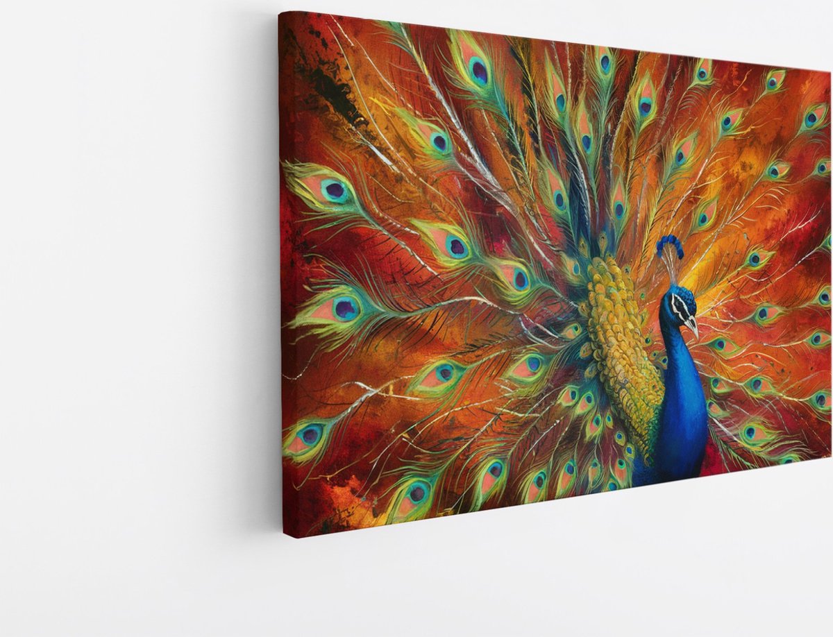 Saammp Canvas Schilderij - Pauw - Dieren - Natuur - 70x50 - Foto op canvas - Wanddecoratie - muurdecoratie Woonkamer - Slaapkamer decoratie - Canvas Print Multicolor