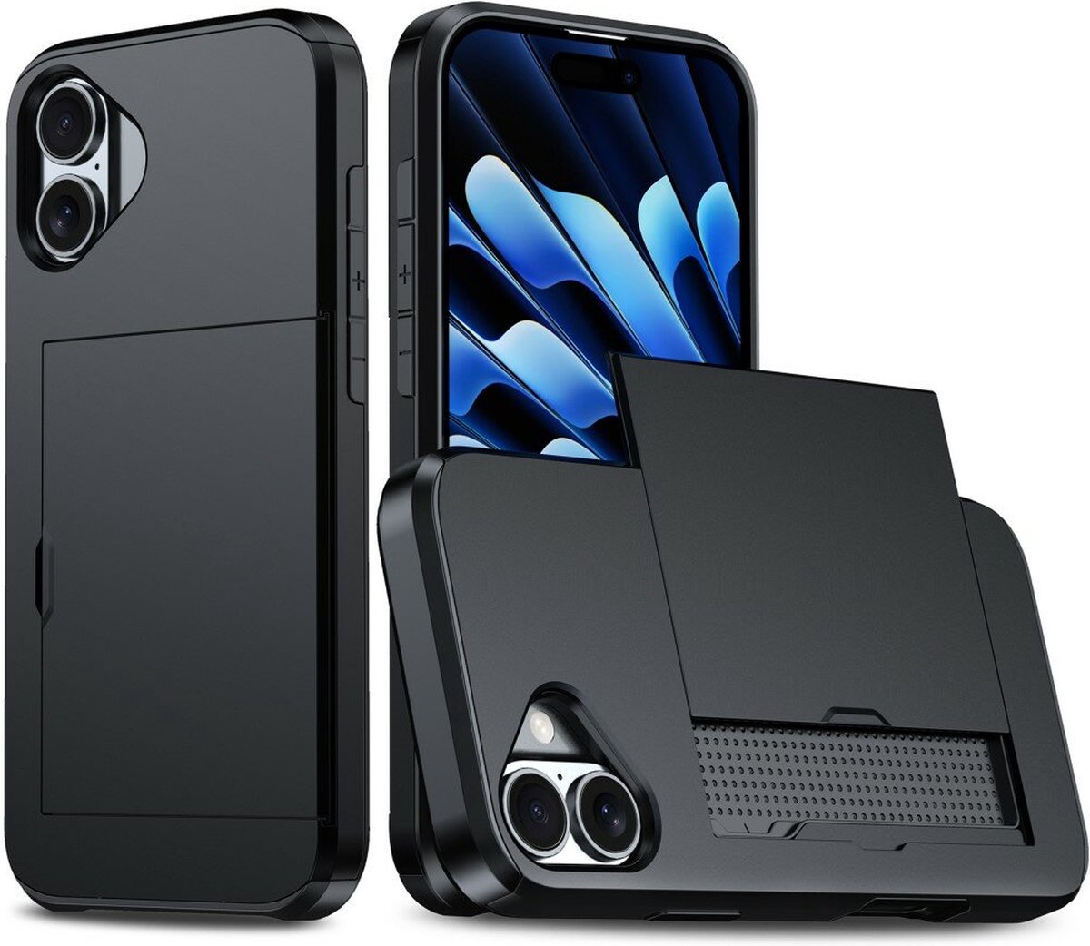iPhone 16 Hybrid Hoesje | tpu + pc | ruimte voor 2 pasjes - Zwart