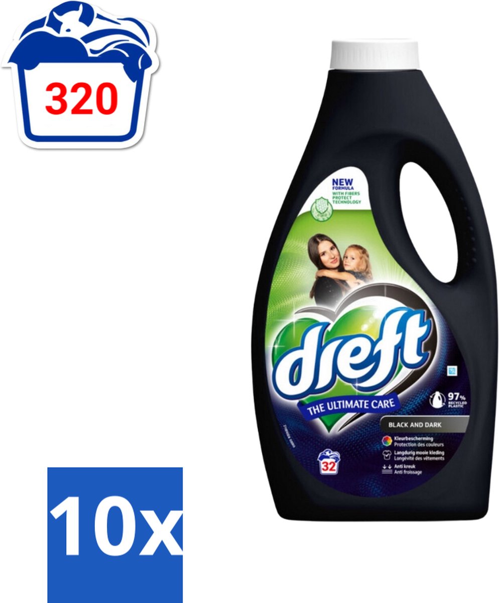 Dreft Vloeibaar Wasmiddel Zwart & Donker 32 Wasbeurten 1,4 liter - Bulkverpakking - 10 stuks