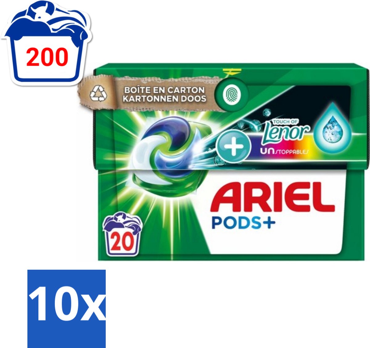 10 x Ariel Original - Touch of Lenor Unstoppables - Wasmiddelcapsules - Pods+ - Gekleurde Was - 20 Wasbeurten - Wasmiddel Capsules - Gekleurde Was - Frisse Geur - Koud Water Was - Vlekverwijdering