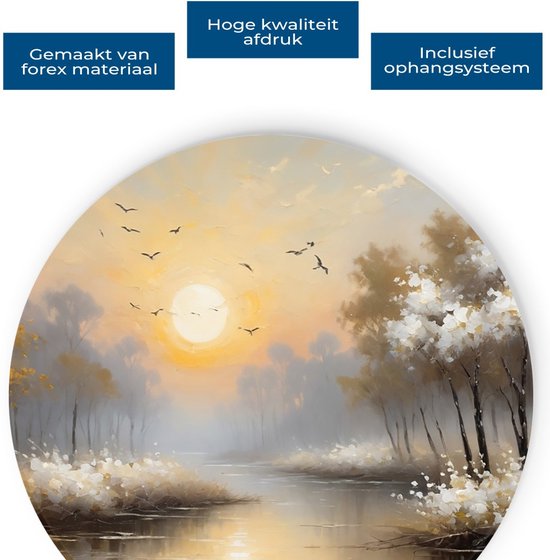 Saammp Forex Muurcirkel - witte landschap met zon - Natuur - Ø 70 - Wandcirkel - Wanddecoratie Cirkel - Muurdecoratie Woonkamer - Slaapkamer decoratie - Rond Schilderij