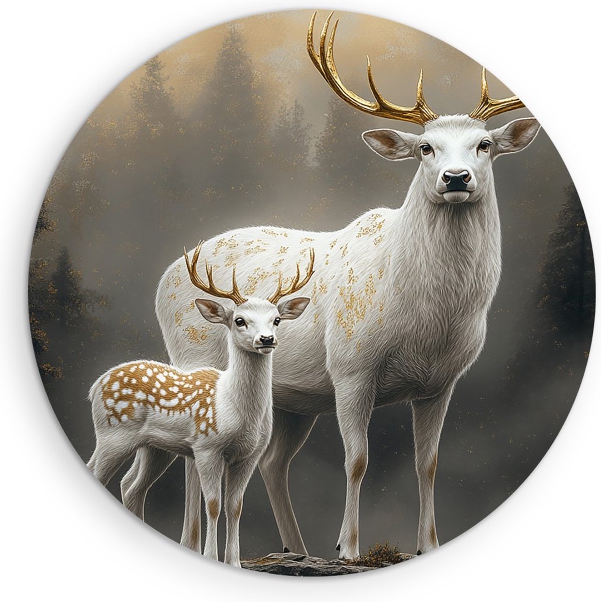 Saammp Forex Muurcirkel - 2 Herten met goude Geweien - Natuur - Dieren - Ø 60 - Wandcirkel - Wanddecoratie Cirkel - Muurdecoratie Woonkamer - Slaapkamer decoratie - Rond Schilderij