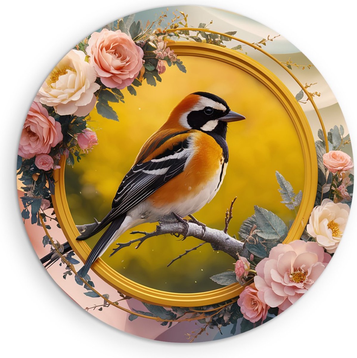 Saammp Muurcirkel Hout - Vogel met Bloemen - Abstract - Ø 70 - Wandcirkel - Wanddecoratie Cirkel - Muurdecoratie Woonkamer - Kantoor Decoratie