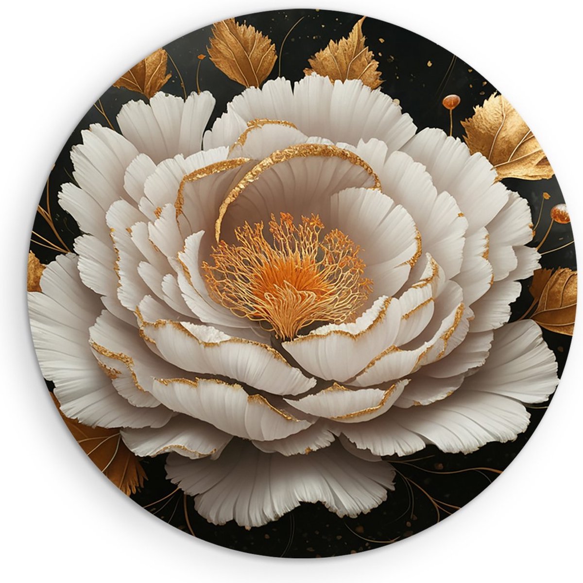 Saammp Forex Muurcirkel - Witte Bloem - Goud - Zwart - Abstract - Ø 90 - Wandcirkel - Wanddecoratie Cirkel - Muurdecoratie Woonkamer - Kantoor Decoratie