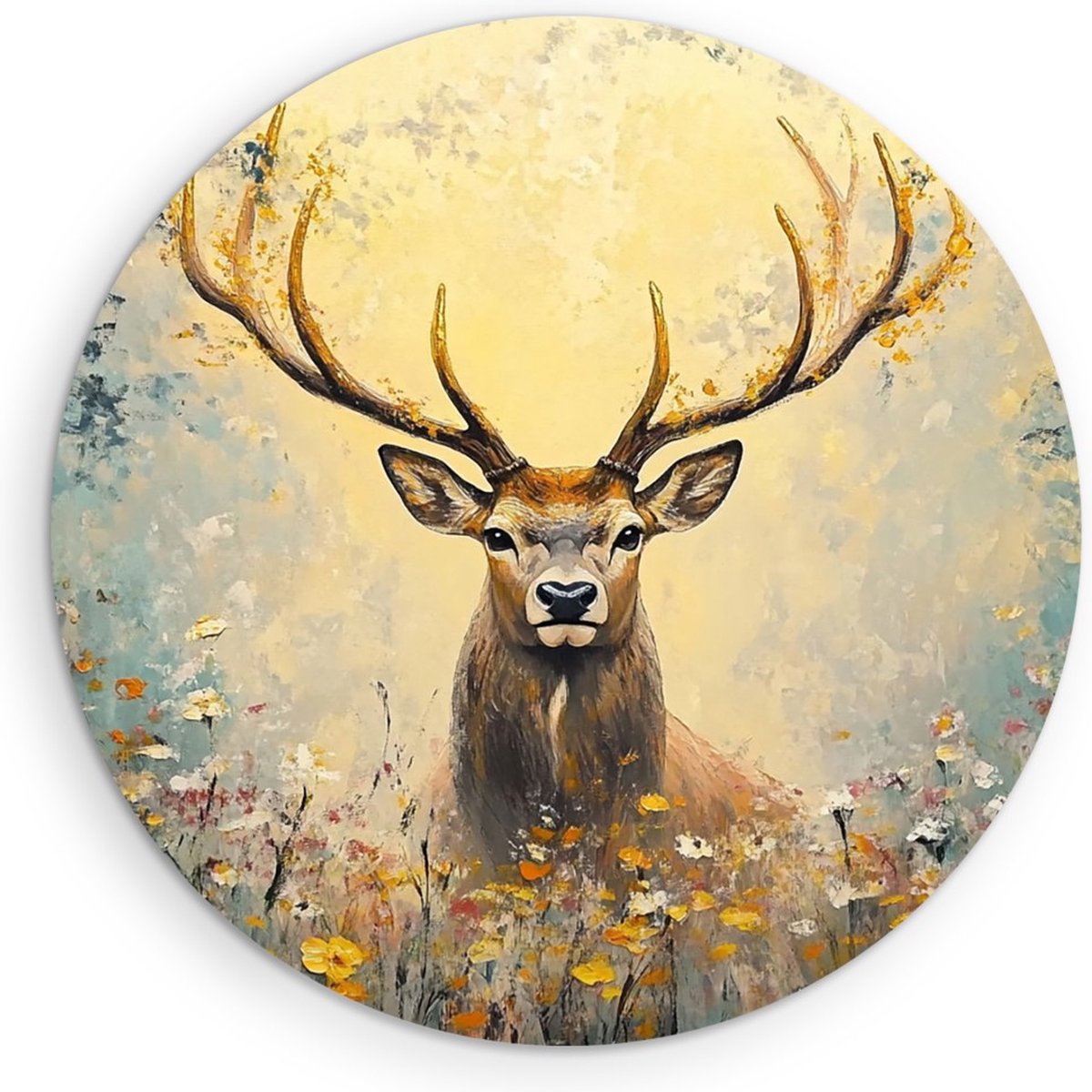 Saammp Forex Muurcirkel - Abstract hert tussen de bloemen - Natuur - Dieren - Ø 70 - Wandcirkel - Wanddecoratie Cirkel - Muurdecoratie Woonkamer - Slaapkamer decoratie - Rond Schilderij