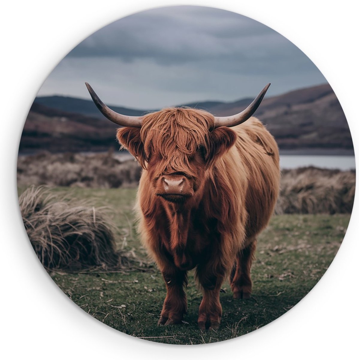Saammp Forex Muurcirkel - Schotse Hooglander Koe in de wei - Schotland - Dieren - Portret - Ø 30 - Wandcirkel - Wanddecoratie Cirkel - muurdecoratie Woonkamer - Slaapkamer decoratie - Rond Schilderij