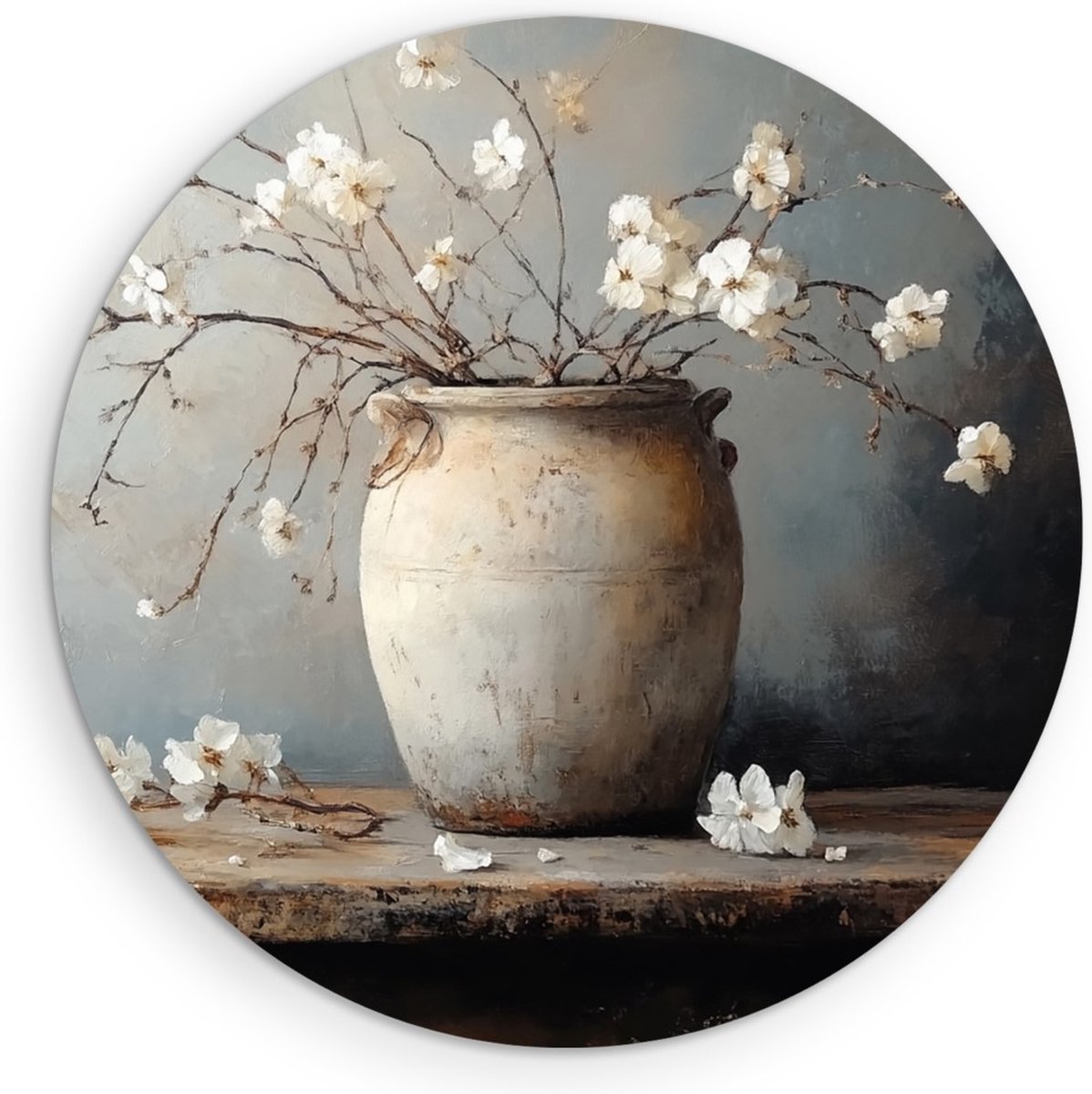 Saammp Muurcirkel Hout - Stilleven - Wit - Natuur - Bloemen - Ø 30 - Wandcirkel - Wanddecoratie Cirkel - Muurdecoratie Woonkamer - Kantoor Decoratie