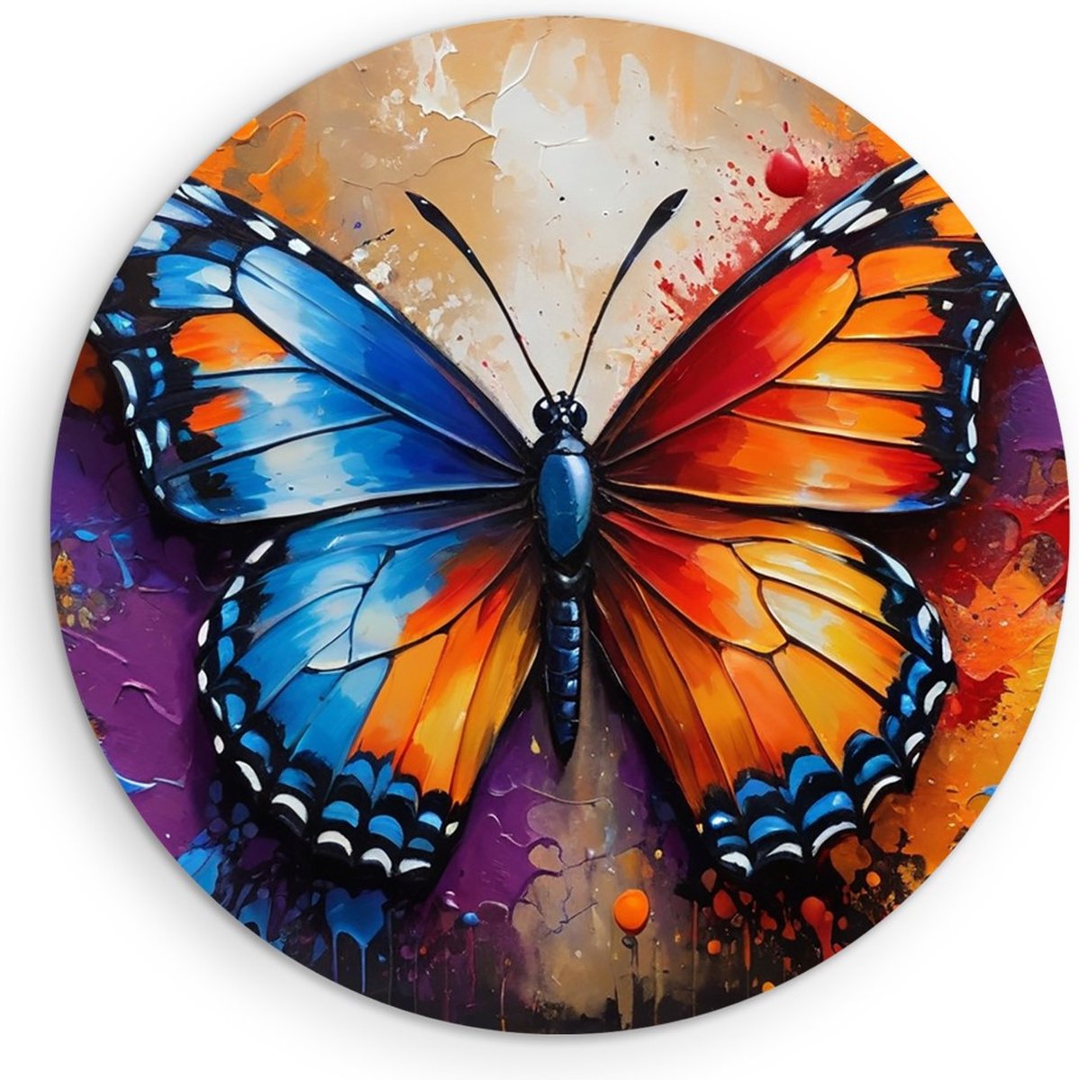 Saammp Muurcirkel Hout - Kleurrijke vlinder op muur - Natuur - Dieren - Ø 50 - Wandcirkel - Wanddecoratie Cirkel - Muurdecoratie Woonkamer - Slaapkamer decoratie - Rond Schilderij