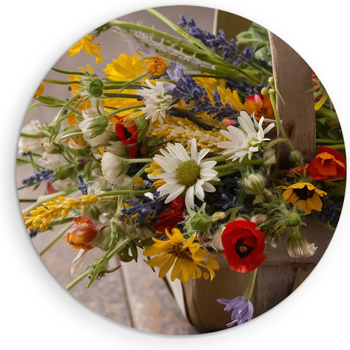 Saammp Muurcirkel Hout - Bloemenmand met Wilde Bloemen - Natuur - Abstract - Ø 60 - Wandcirkel - Wanddecoratie Cirkel - Muurdecoratie Woonkamer - Kantoor Decoratie