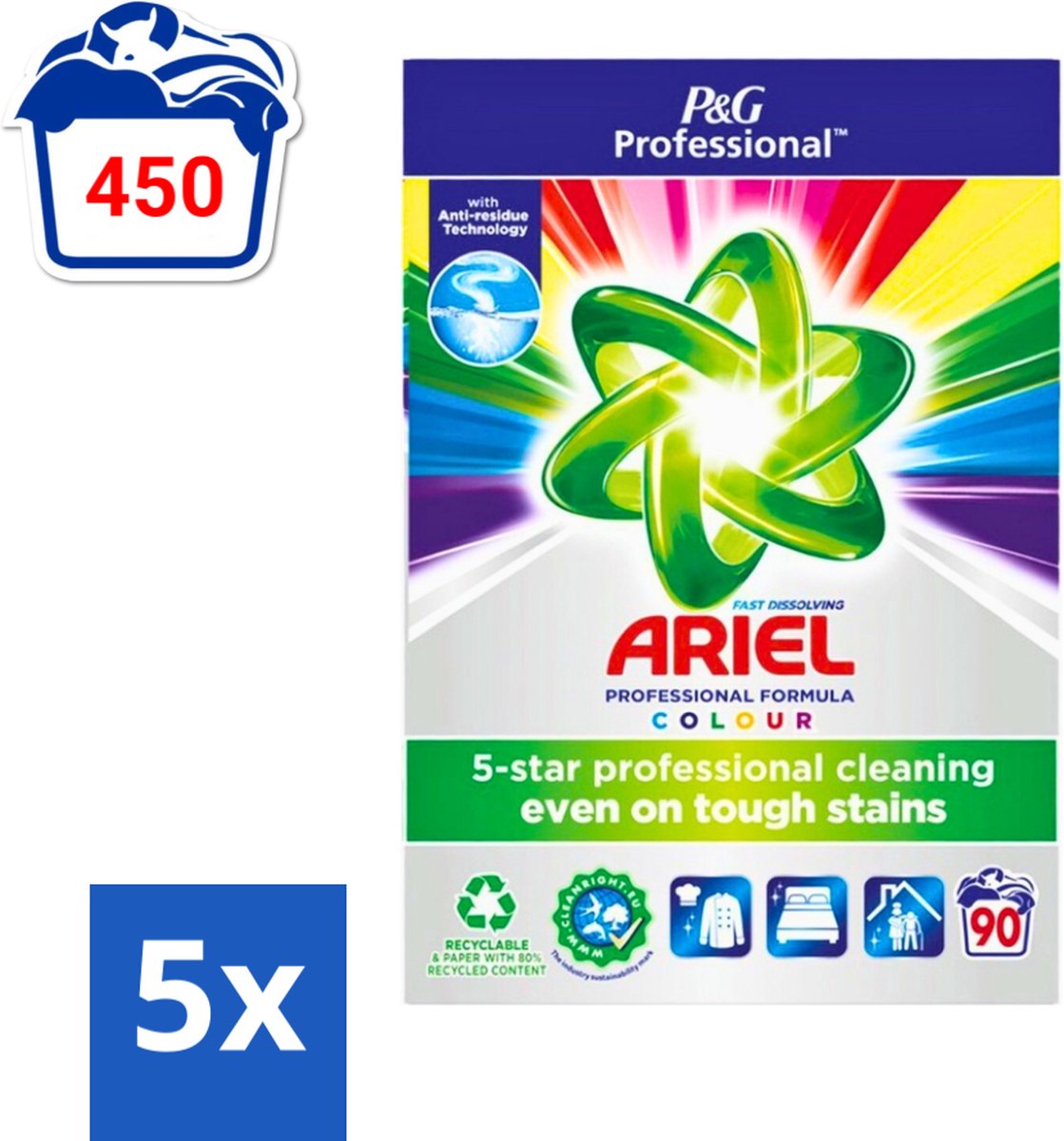 5 x Ariel Professional - Waspoeder - Gekleurde Was - 90 Wasbeurten - Kleurverzorging - Waspoeder - Vlekverwijdering - Wasmachine - Wasbeurt
