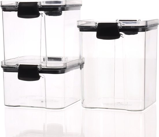 Relaxdays voorraadpot met deksel, set van 3, 1200 ml, rechthoekige opbergpotten, luchtdicht, transparant/zilver Relaxdays voorraadpot met deksel, set van 3, 1200 ml, rechthoekige opbergpotten, luchtdicht, transparant/zilver