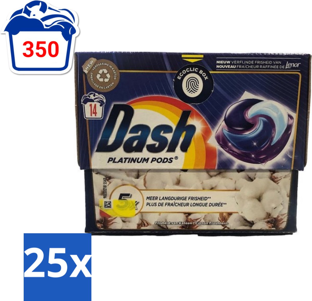 Dash Platinum - Wasmiddel Capsules - Witte en Gekleurde Was - Frisheid van Katoen - 14 Wasbeurten - Bulkverpakking - 25 stuks