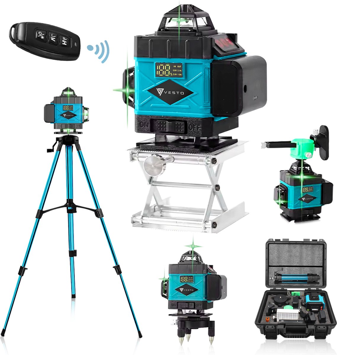 Vesto® 4D Kruislijnlaser - Zelfnivellerend Bouwlaser met 4-16 Lijnen - 360° Rotatie - Incl. Verstelbaar Statief - Groot Meetbereik - Inclusief Draagkoffer - Professionele Lijnlaser voor Bouw en Klussen