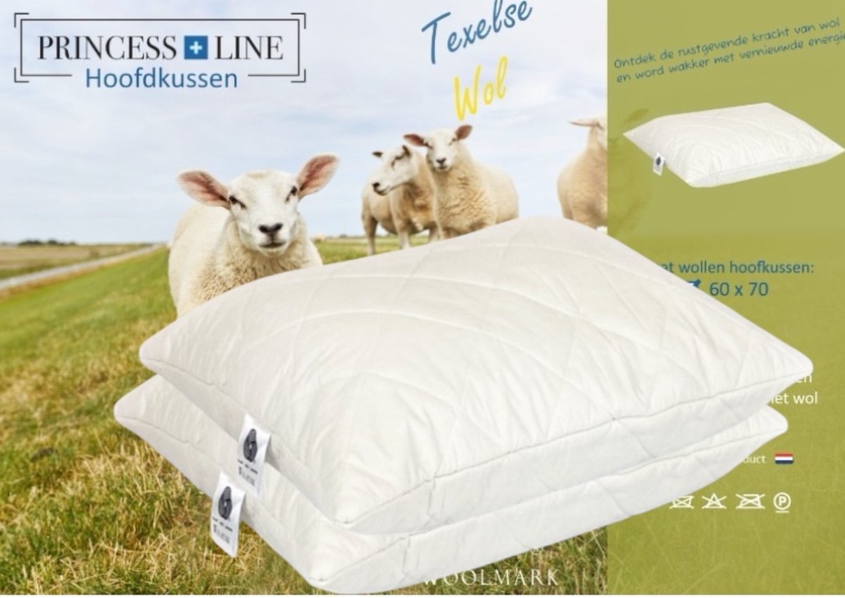 Princess Line Gecertificeerd Wollen Hoofdkussen -100% Zuivere Scheerwolbolletjes -Natuurlijk Hoofdkussen Aanpasbaar en Comfortabel – 60x70cm-set van 2stuks- Medium-Ideaal voor Rug-Zij en Buikslapers