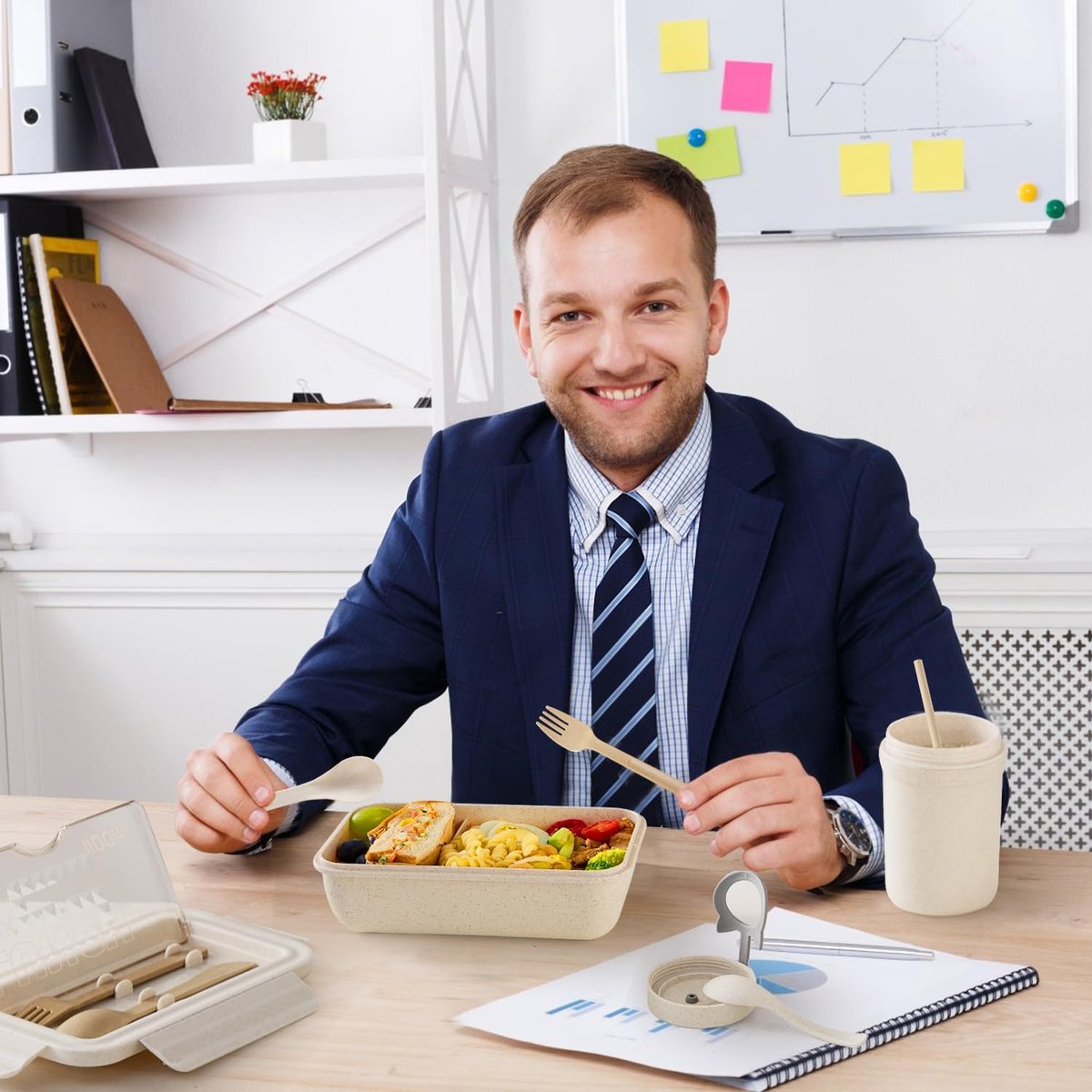 2 stuks - Bento Box Met Bestek - 1100ml - Inclusief Geïsoleerde Tas - BPA-vrij - Lekvrije Lunchbox - Herbruikbare Voedselcontainer - Compact en Lichtgewicht — cadeau in Koken & Dineren - foto 4
