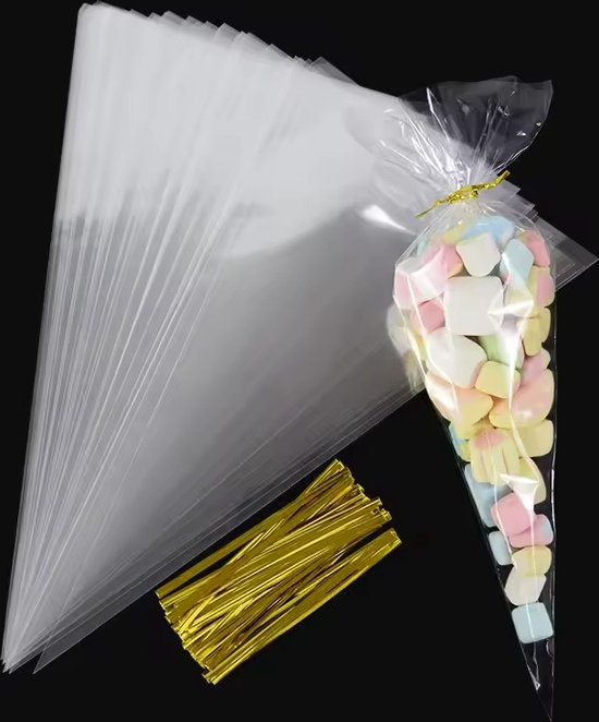 50x Uitdeelzakjes 16 x 30 cm - Cellofaan Plastic Traktatie Kado Zakjes - Snoepzakjes - Koekzakjes - Koekje - Cookie - Puntzak - Snoepzak