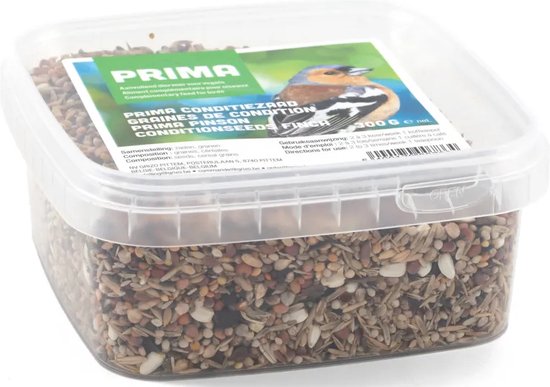 Prima conditiezaad voor vinken in een doorzichtige bak van 300 gram met een afbeelding van een vink op het etiket.