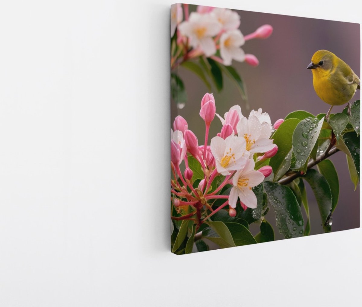 Saammp Canvas Schilderij - Vogel met Bloesem - Dieren - Natuur - 60x60 - Foto op canvas - Wanddecoratie - Muurdecoratie Woonkamer - Kantoor Decoratie Multicolor