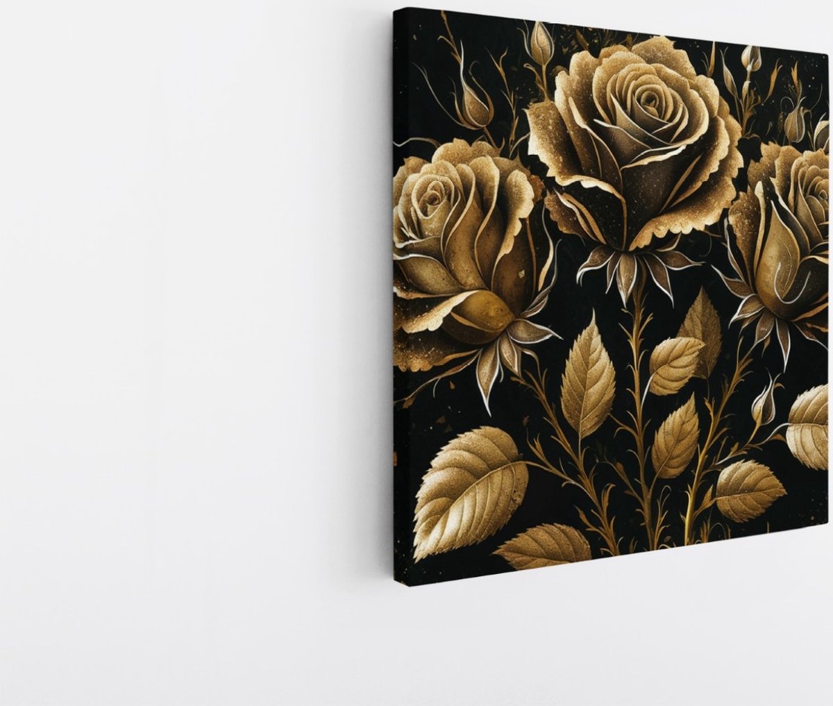 Saammp Canvas Schilderij - 3 Goude Bloemen - Abstract - 100x100 - Foto op canvas - Wanddecoratie - Muurdecoratie Woonkamer - Kantoor Decoratie Multicolor