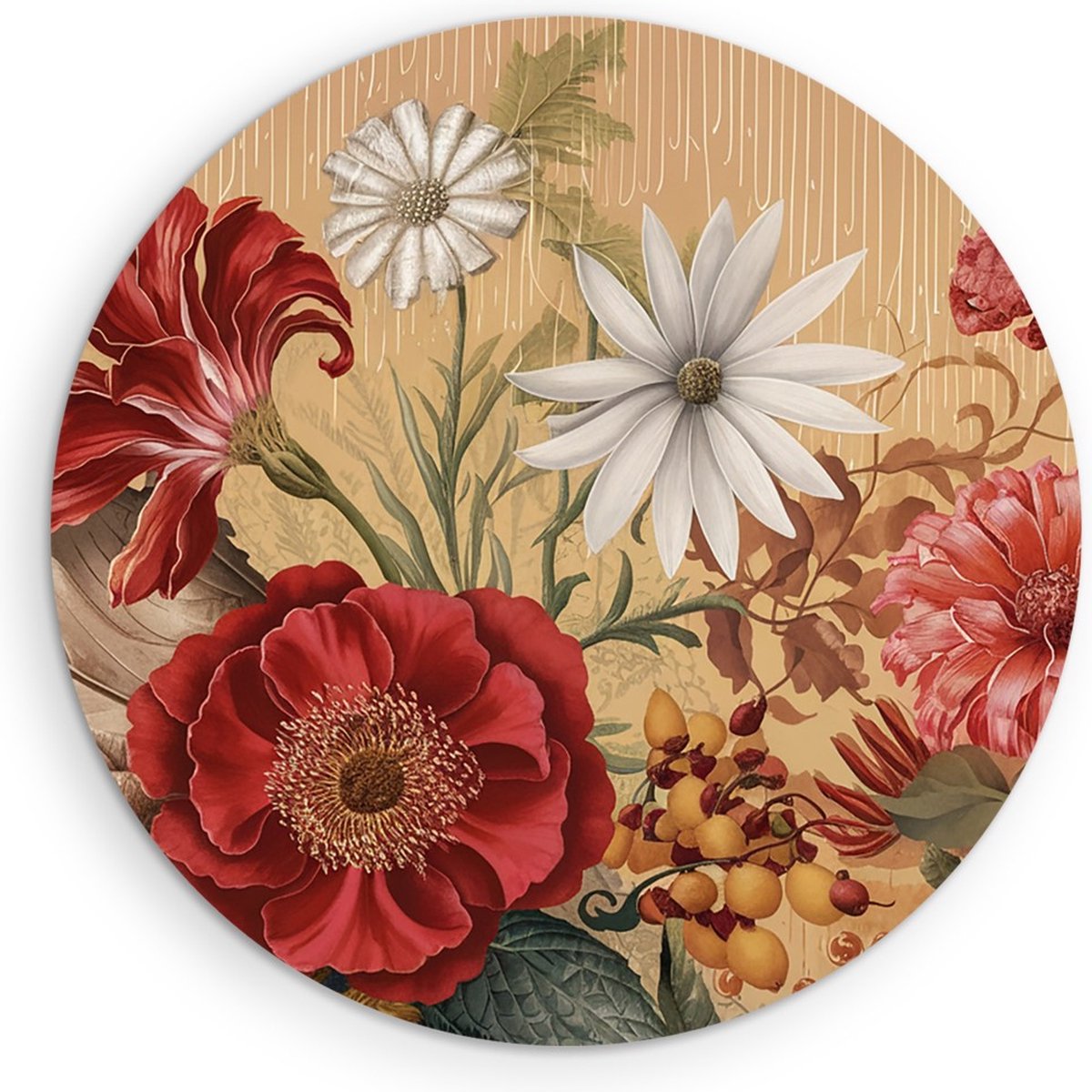 Saammp Forex Muurcirkel - Klassieke Bloemenpracht Rood en Wit - Natuur - Stilleven - Ø 30 - Wandcirkel - Wanddecoratie Cirkel - Muurdecoratie Woonkamer - Kantoor Decoratie