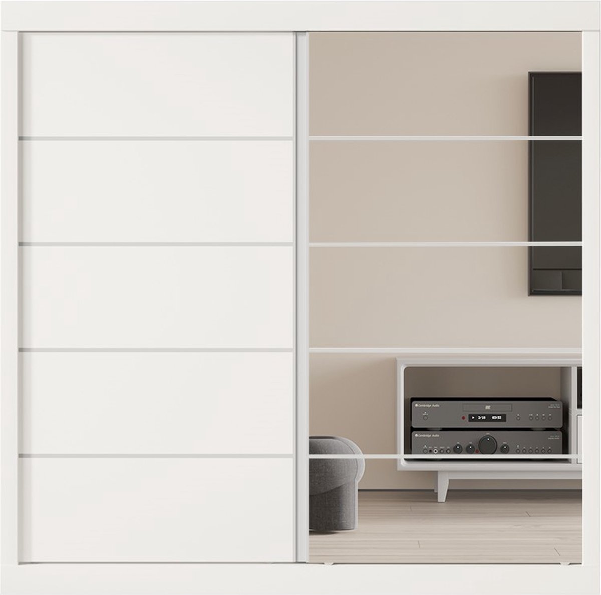 Interiax Kledingkast 'Mila' – Witte Schuifdeurkast met 1 Hanger, 4 Legplanken & Spiegel | 197.5x182.5x52.5 cm