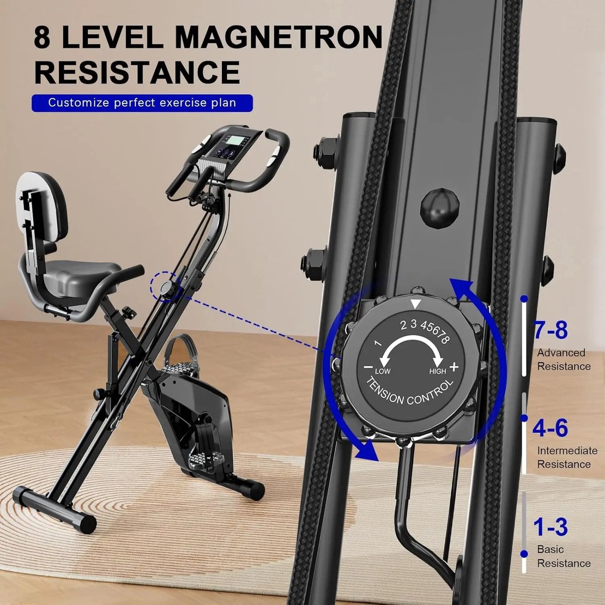 Afbeelding 2 van CS® hometrainer fiets - hometrainer opvouwbaar- Met Rugleuning - Incl. extra Weerstandsbanden- 8 weerstanden standen- Hartslagfunctie en transportwielen- Digitaal display- max 150 kg- hometrainers