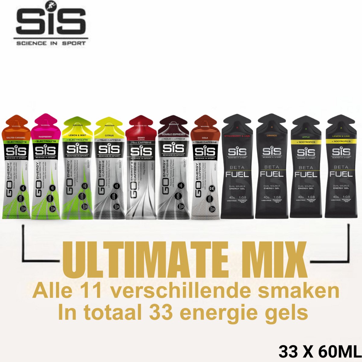 Science In Sport - Ultimate Mix - Beta Fuel & Elektrolyten Gels - 33 Stuks - Diverse Smaken