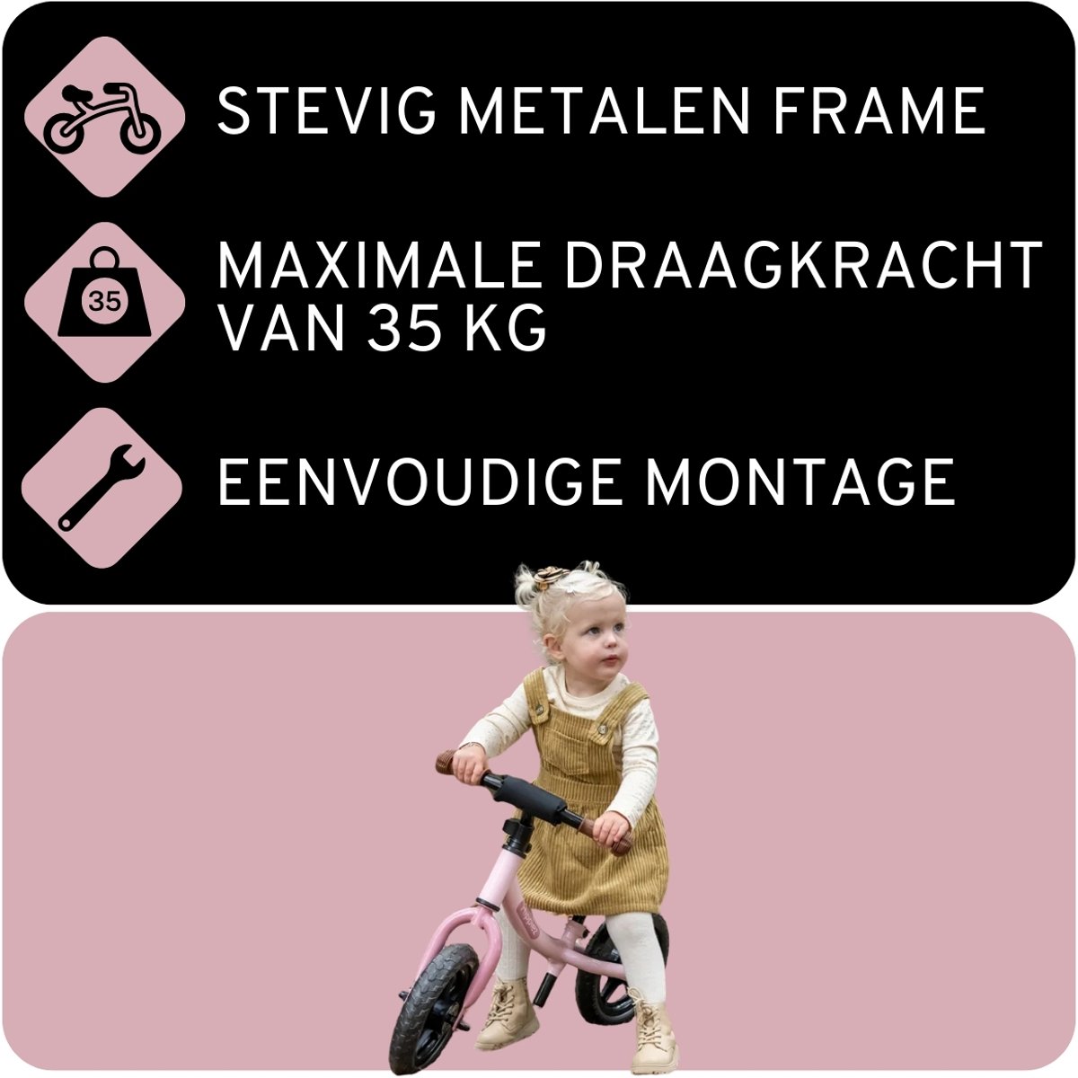 Hippiez Metalen Loopfiets Worker Old Pink vanaf 2 jaar - Roze Loop Fiets - Verstelbaar Zadel en Stuur - Voor Meisjes - Compact en Veilig - Lage Instap — afbeelding 2
