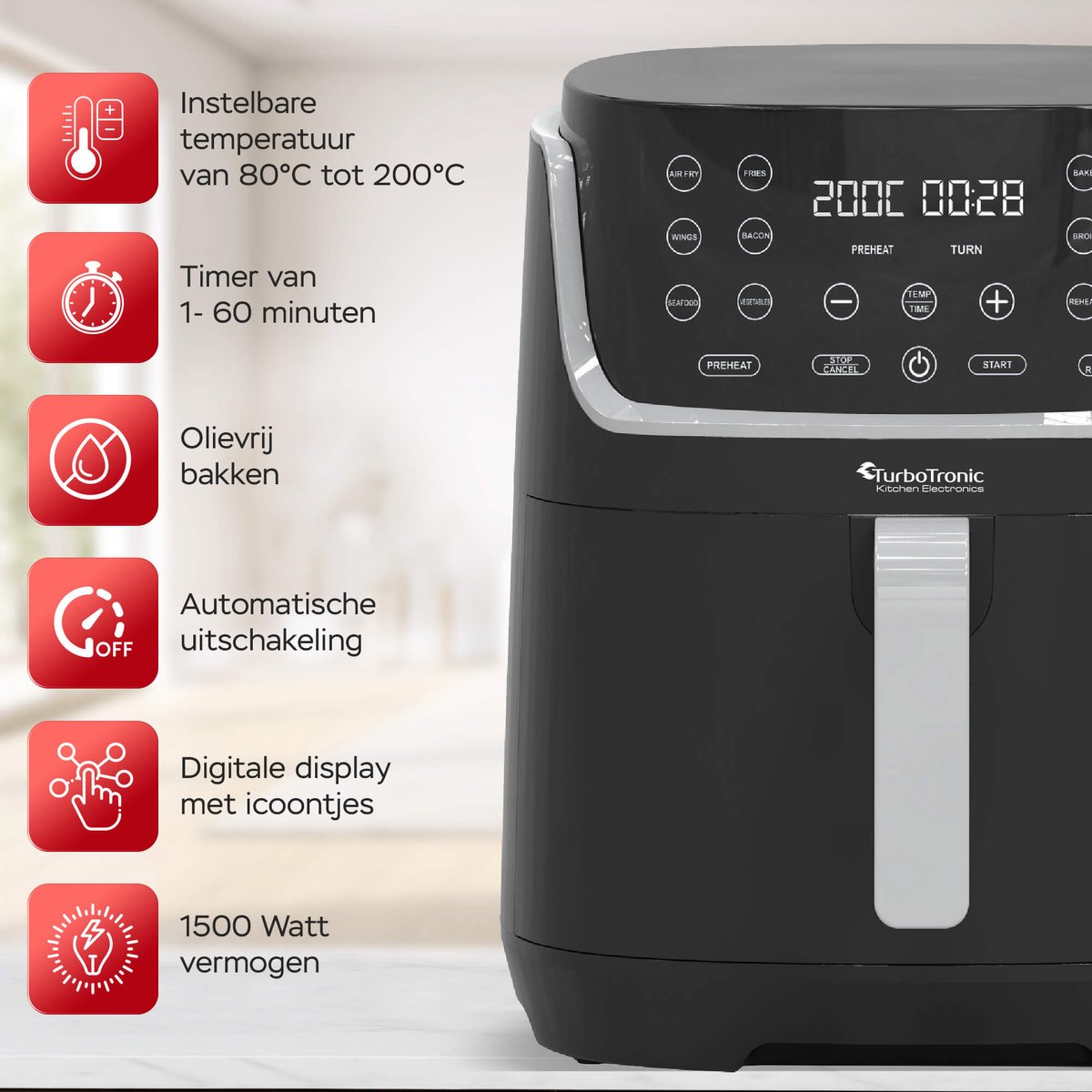TurboTronic AF13D Airfryer XXL - Heteluchtfriteuse - 8 Liter - Dual Heating - 13 programma's - Zwart thumbnail 6