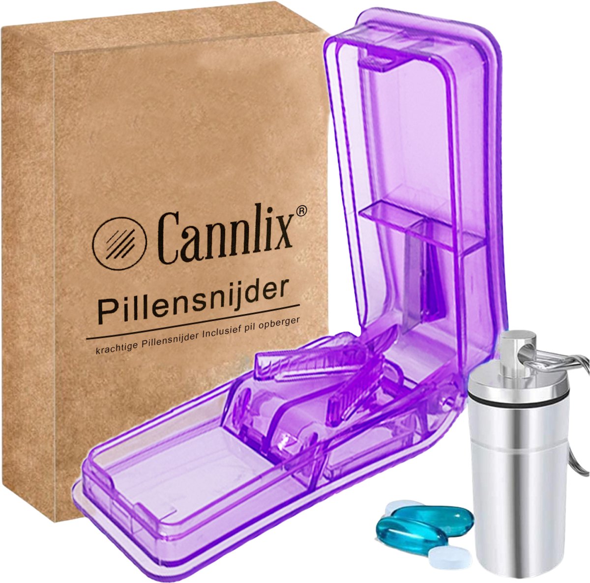 Goedkoopste Cannlix Pillensnijder - Pillendoosje - Pillensplijter - Geschikt voor harde pillen - kleine en grote pillen - Set - Paars