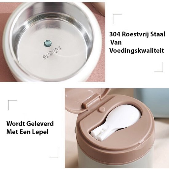 Close-up van een roestvrijstalen binnenkant van een lunchpot en een lepel in een deksel.
