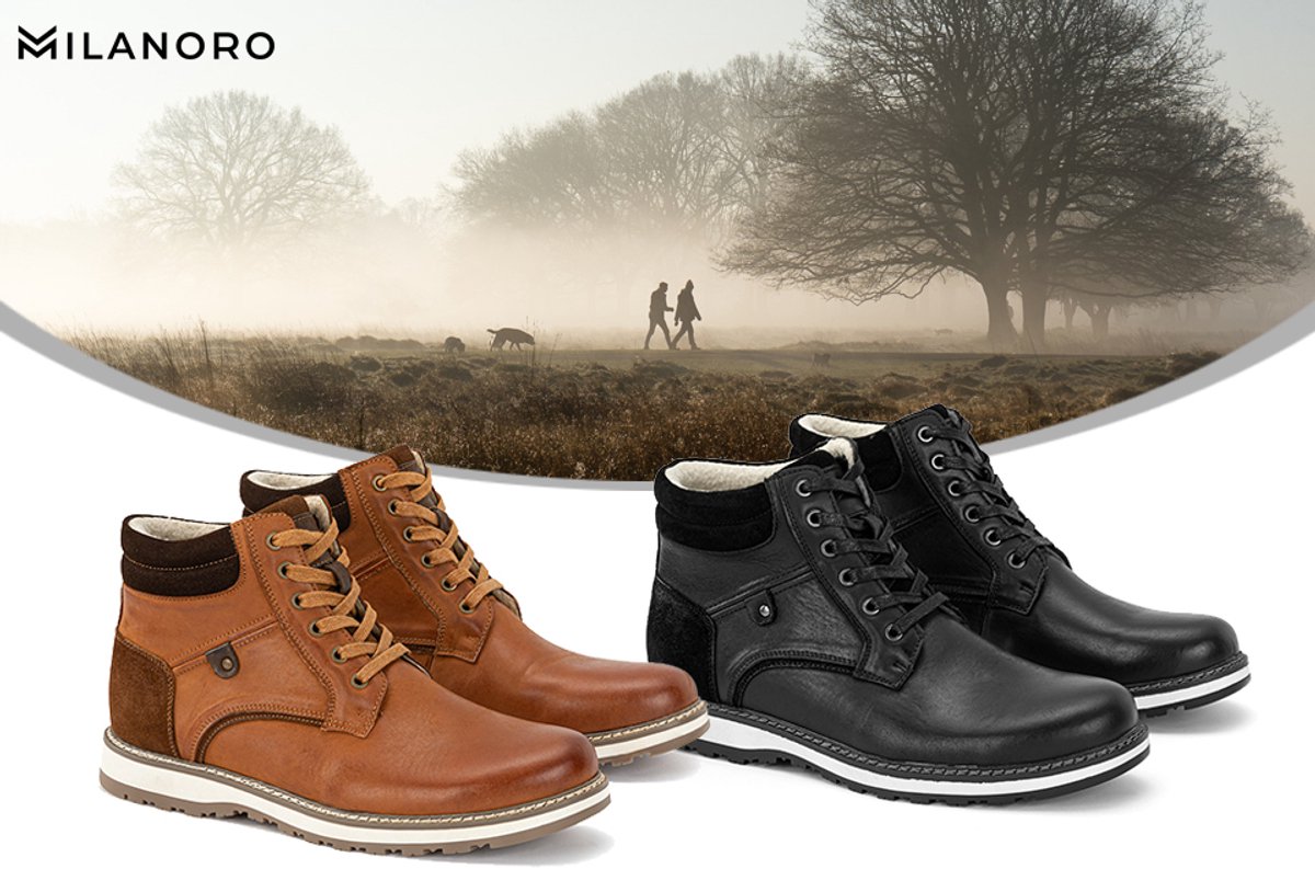 Milanoro - Elegante lederen herensneakers - Cognac - Maat 44
