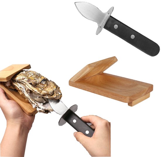 2-delige set - Oesters doppenset - Oestermes met houten standaard - Oestertang - Zeevruchtengereedschap - Ergonomisch ontwerp - Gemakkelijk te gebruiken en schoon te maken