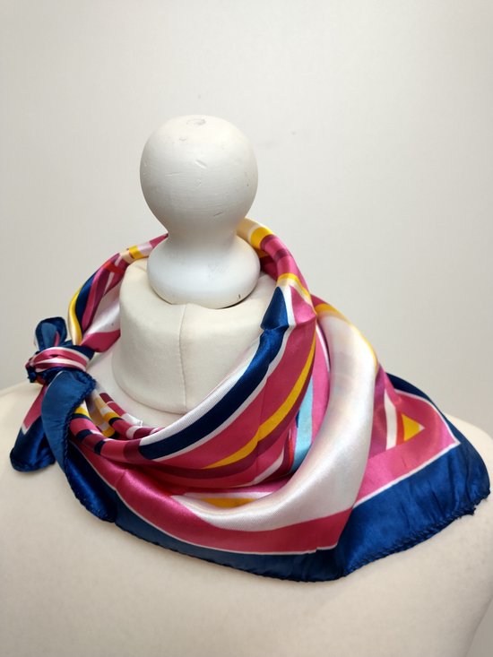 Vierkante dames neksjaal Bente-fantasiemotief-donker blauw wit fuchsia geel beige rood bordeaux roze turquoise-50x50