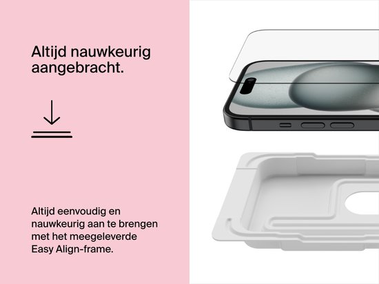 iPhone met screenprotector, schuif voor eenvoudige installatie met uitlijningsframe.