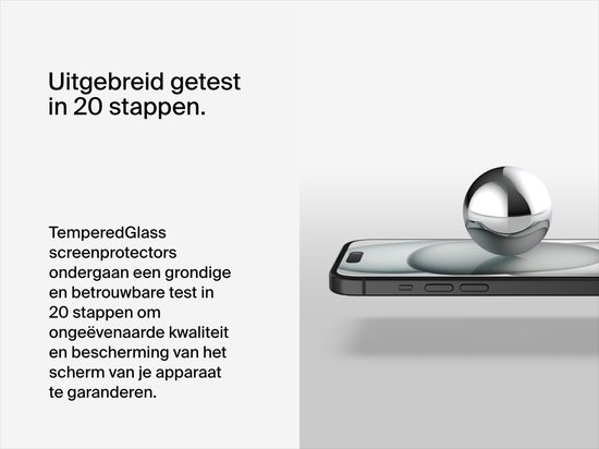 iPhone met screenprotector, ondergaat 20-staps test, met metalen bol.