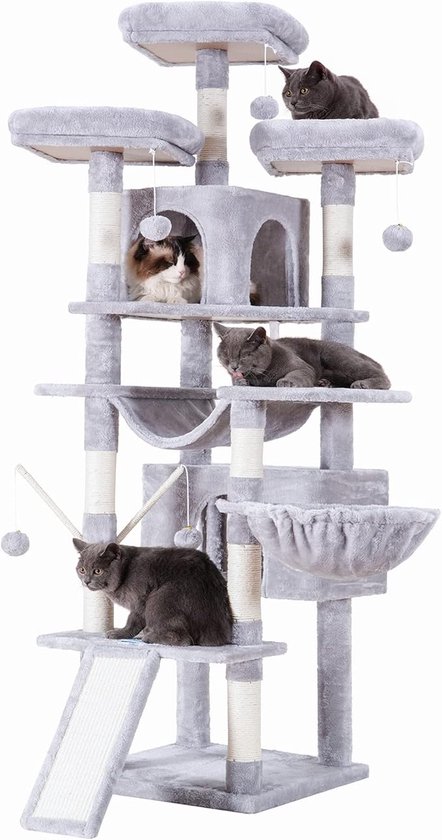 Hey-brother Krabpaal 180 Cm – XXL Voor Grote Katten, Met 2 Huizen, Mand, 3 Platforms, Hangmat En Sisalpalen – Rookgrijs
