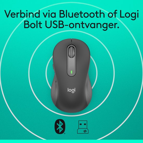 Grijze Logitech M650 L muis met scrollwiel, groene led indicator en logo. Omringd door cirkels. Bluetooth en USB-ontvanger iconen onderaan.