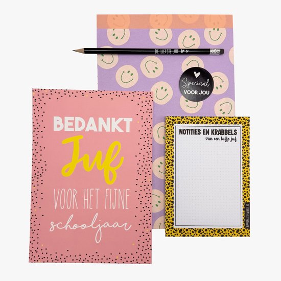 Juf bedankt cadeau - cadeau juf - einde schooljaar - cadeaupakket juf - invulkaart notitieblok potlood