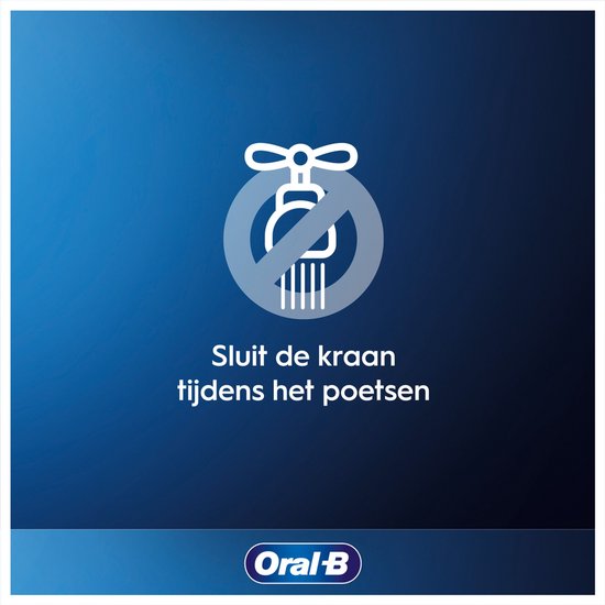 Pictogram met kraan en kruis. Tekst: Sluit de kraan tijdens het poetsen.