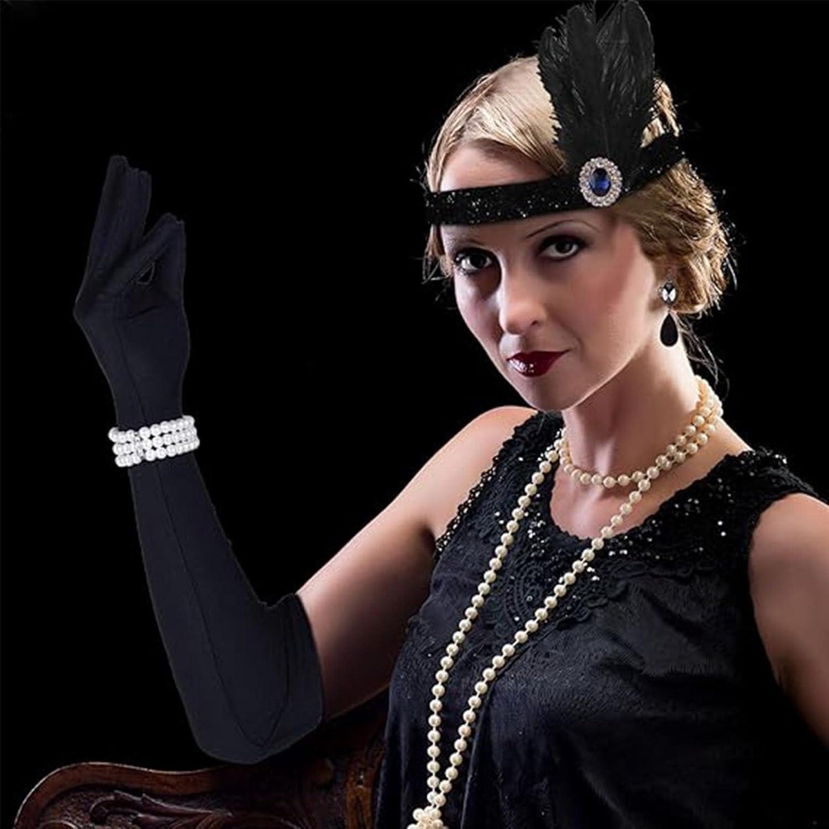 Jaren 20-kostuum voor dames, Great Gatsby-accessoires voor dames, modieuze maffia-kostuum met hoofdbanden, handschoenen, halskettingen, oorbellen, opvouwbare vakken, carnavalskostuums voor feest