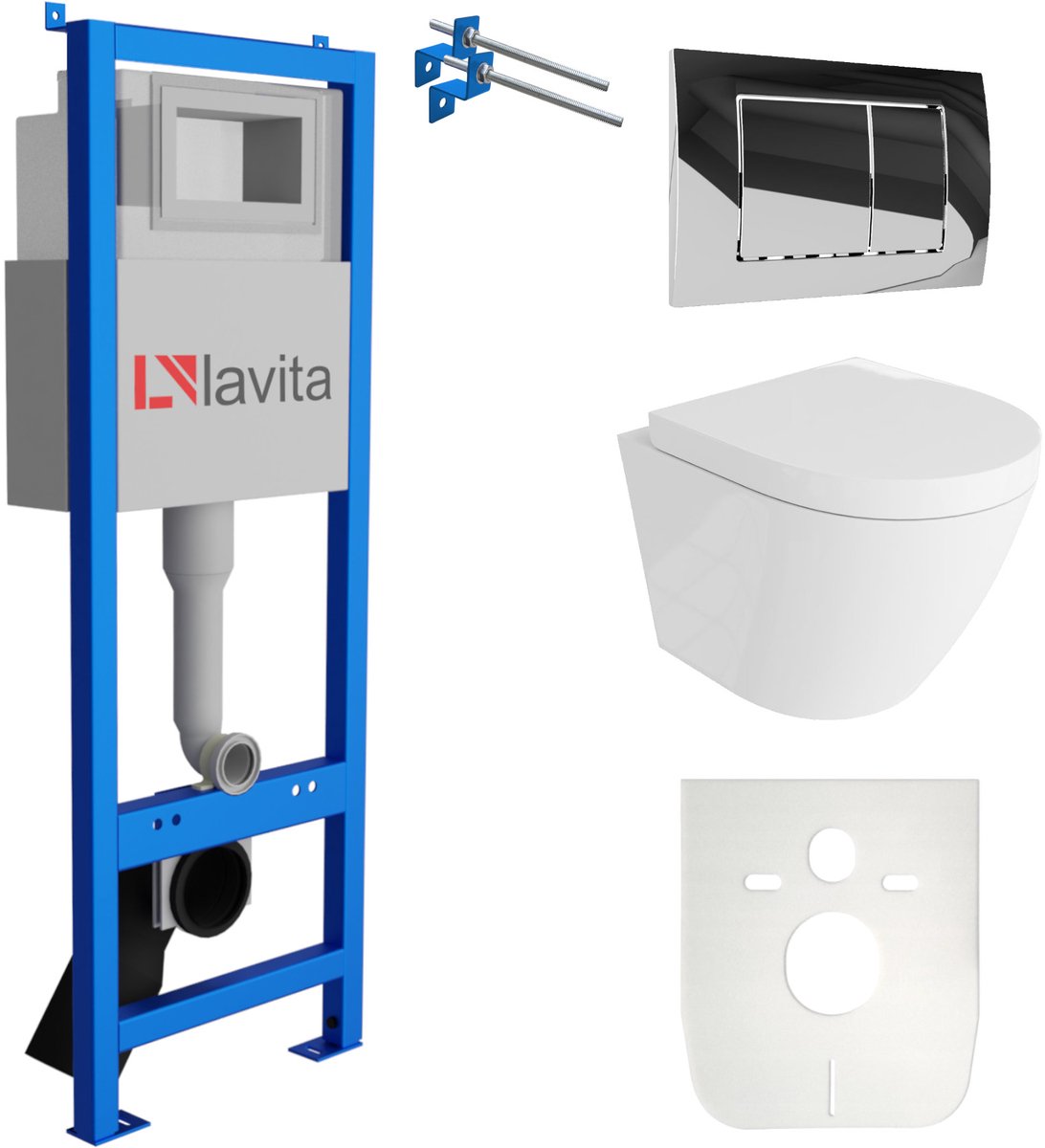 LAVITA® Inbouwreservoir Complete Toiletset LAV 101 - Inbouw WC Hangtoilet Wandcloset SOGO Wit Hoogglans - Bedieningsplaat 200.1.2 Chroom - Voorwandelement voor toilet 40cm - Installatiesysteem