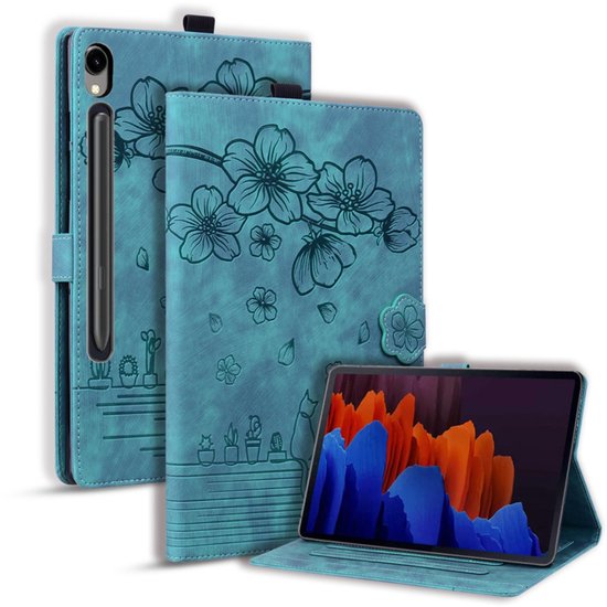 Étui de protection de Luxe pour Samsung Galaxy Tab S9 FE - 10.9 - Fleurs et Chat - Vert