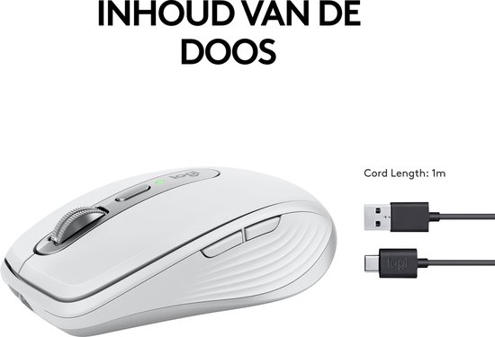 Witte Logitech MX Anywhere 3S muis en USB-C kabel in de doos.