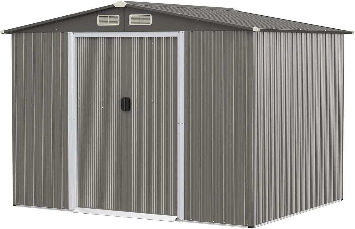 COSTWAY Gereedschapsschuur met fundament, 260 x 207 x 180 cm, gereedschapsschuur van verzinkt staal, tuinhuis met dubbele deuren en helling, tuinschuur afsluitbaar, metalen schuur voor buiten (grijs)